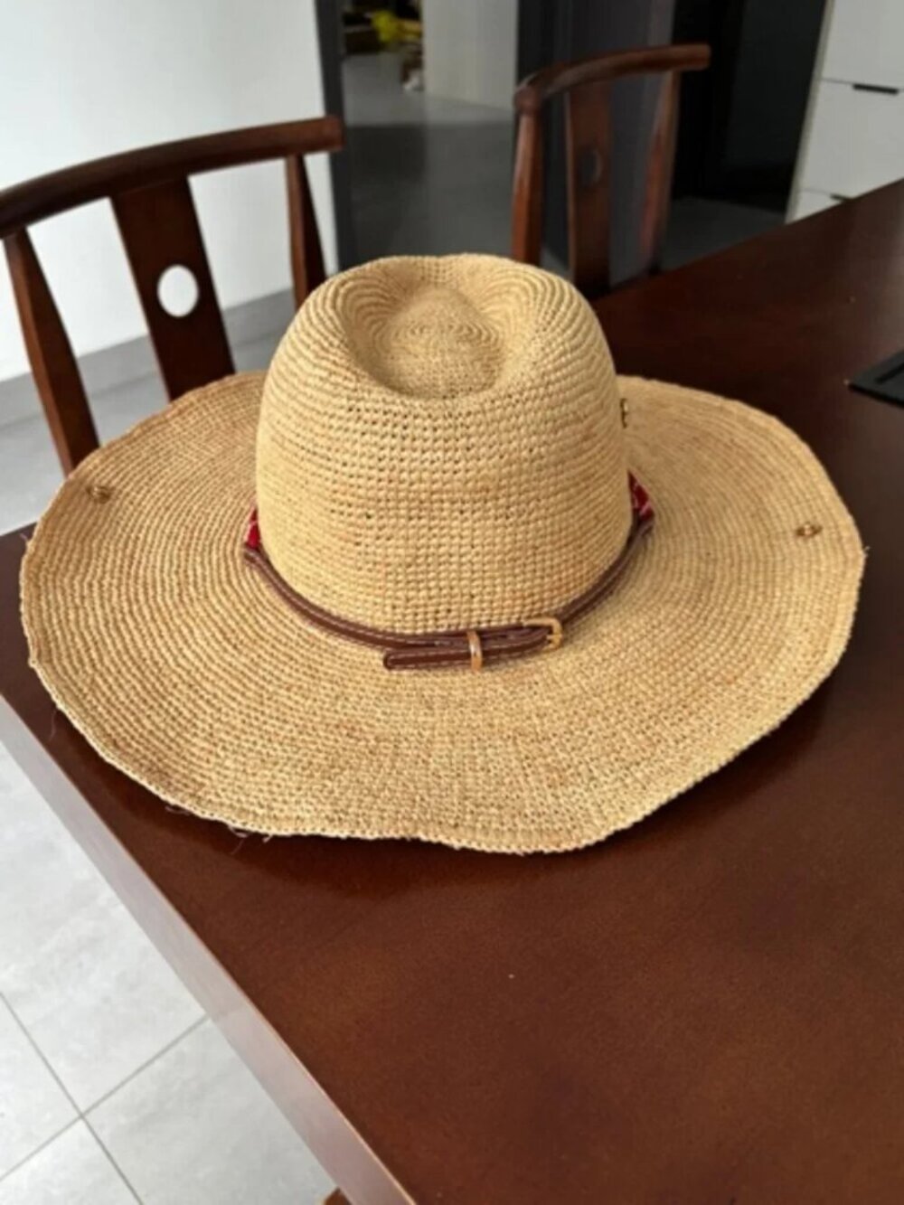 Miu Miu Raffia Straw Cowboy Sun Hat Woven Wide Brim Red Cord Logo - Picture 6 of 8